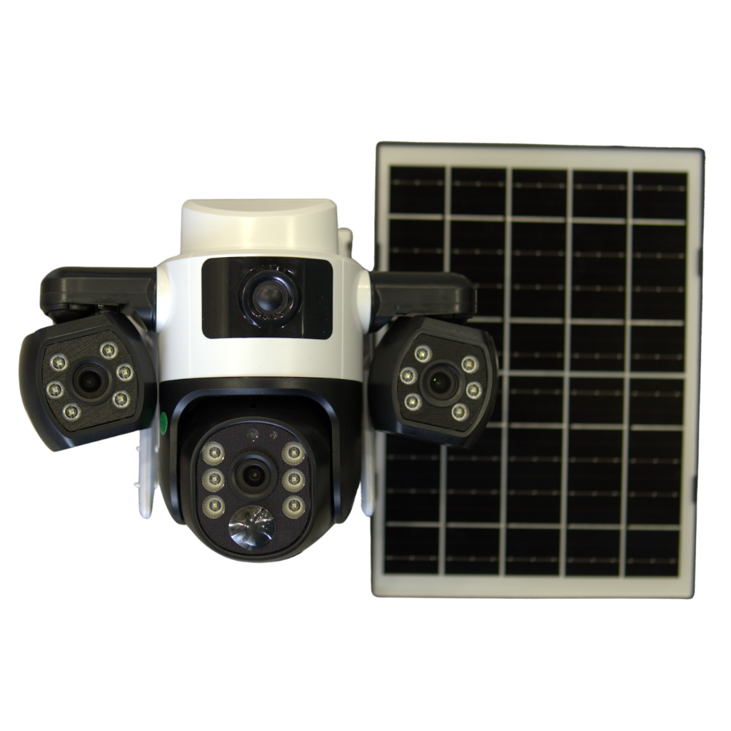 Three Lens 5MP SIM Based Solar PTZ Camera with Two Way Talking, 360° PTZ Rotation, Full HD Video, Motion Tracking
